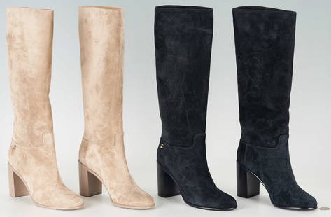 2 Pairs Chanel High Boots: Two (2) pairs of Chanel High Boots including one pair in camel suede calfskin, size 39 1/2, and one pair in black suede calfskin, size 40. Both pairs retain the original boxes and dustcovers. PROVENAN