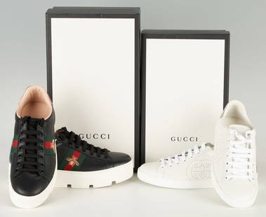 2 Pairs of Gucci Ace Leather Sneakers: Two (2) pairs of Gucci leather sneakers including one (1) pair of Gucci Ace low top sneakers in white and grey sky with Interlocking G Logo, size 38 and one (1) pair of Ace platform sneakers in black