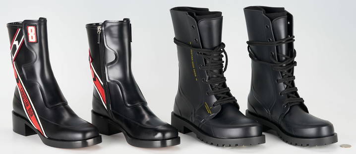 2 Christian Dior Leather Boots, Diorally & Diorcamp: 1st item: Pair of Dior black and red leather boots, Diorally, size 39.5 2nd item: Pair of black rubber Diorcamp low boots in black, size 40. PROVENANCE: East Tennessee Estate.