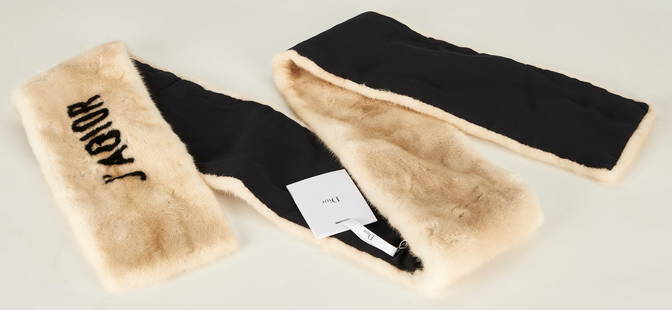 Christian Dior Beige Mink J'adior Scarf: Christian Dior beige mink scarf with J'ADIOR printed in black to one end with black fabric backing. Retains the original retail tag and storage bag. 16" x 72"