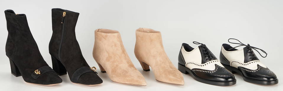 3 Pairs Christian Dior Leather Shoes: Three (3) pairs of Christian Dior shoes including: one (1) pair of I-Dior suede botties in camel, size 40; one (1) pair of Diorunit matte calfskin shoes, size 39; and one (1) pair of black suede low b