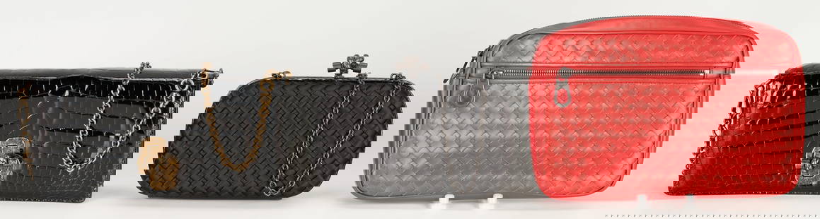 3 Bottega Veneta Bags, Silk Knot Clutch, Knot Crocodile Bag & Red Zipper Pouch: 1st item: Pochette Knot black silk clutch with black cross body chain. Retains the original dustbag and care instructions booklet. 4 1/2" H x 7 3/4" W. 2nd item: Black crocodile knot flap clutch, smal