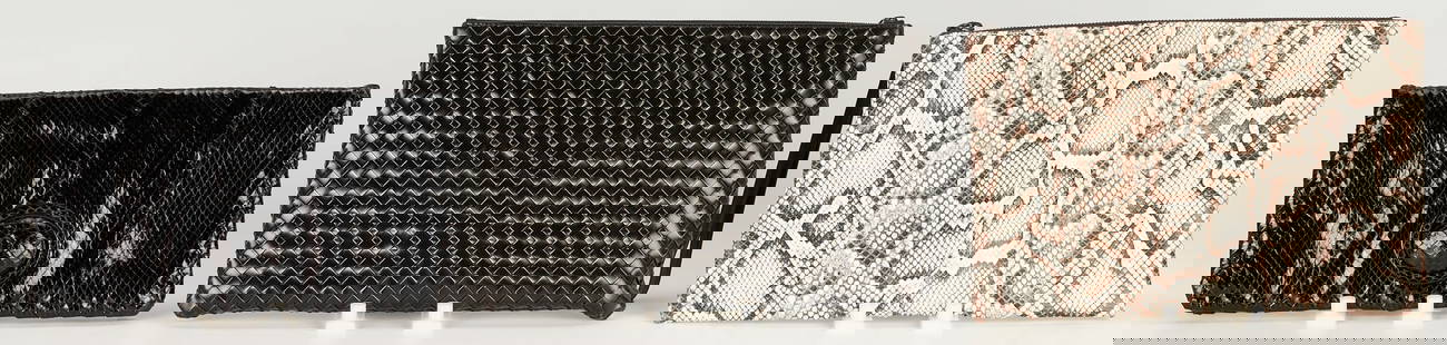 3 Bottega Veneta Bags, incl. Snakeskin Pouch, Turnlock Clutch, Intrecciato Pouch: Grouping of three (3) Bottega Veneta bags including: a brown, taupe and cream snakeskin print and brown leather zippered pouch, retains the original dustbag and tan receipt envelope, 7 5/8" H x 11 3/4