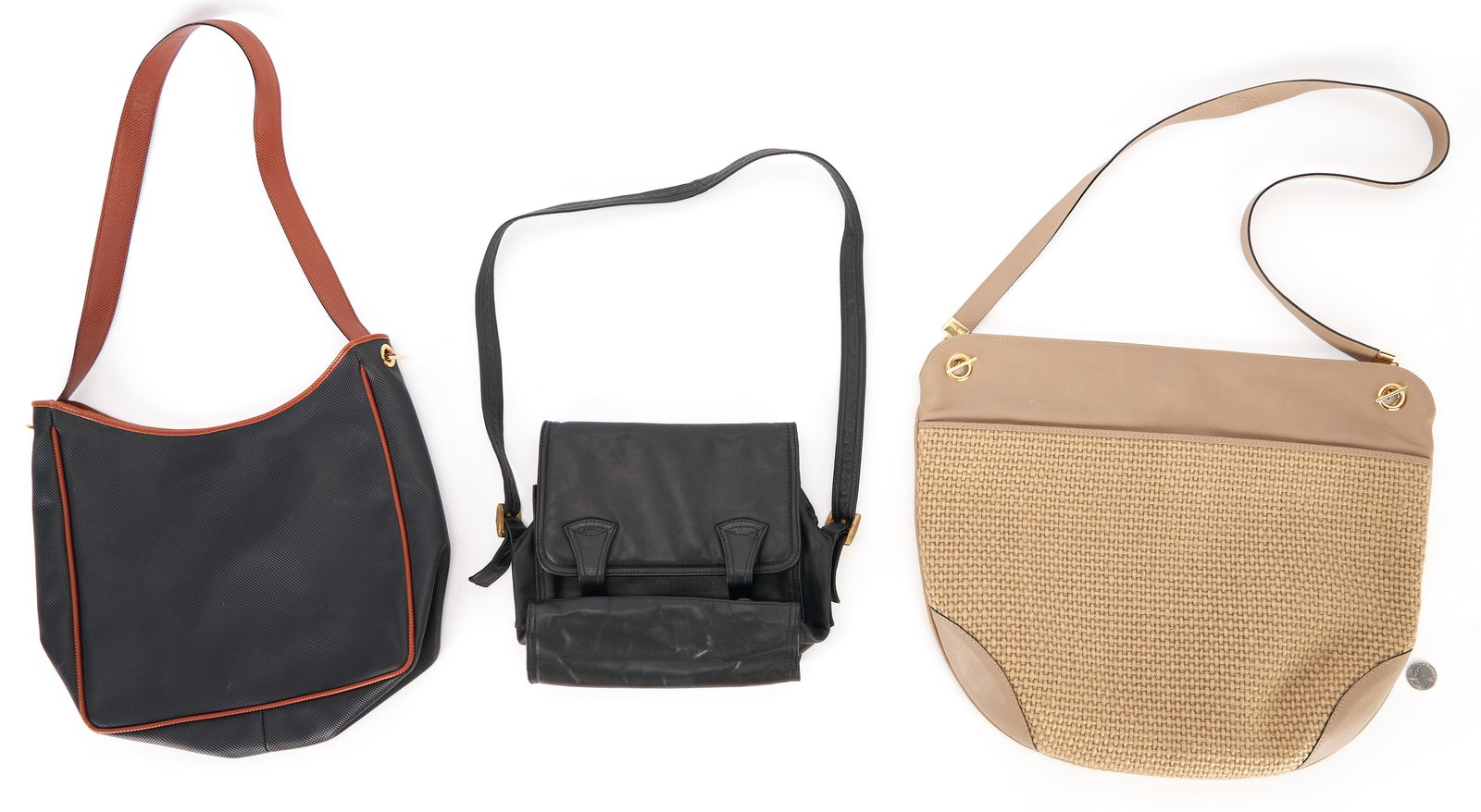 3 Bottega Veneta Bags + 2 Mark Cross Items, 5 items: 5 Designer items, including Bottega Veneta, Mark Cross. 1st item: Bottega Veneta light brown leather and raffia straw tote shoulder bag, having matching top handle with chain link accent, exterior poc