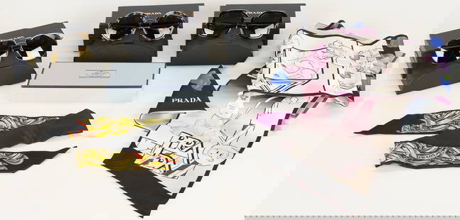 3 Prs. Prada Sunglasses & 2 Scarves: Three (3) Pairs of Prada sunglasses and two (2) scarves. 1st - 3rd items: Three (3) pairs of Prada sunglasses with the original Prada cases and original boxes, all labeled "Prada". Designs include SPR