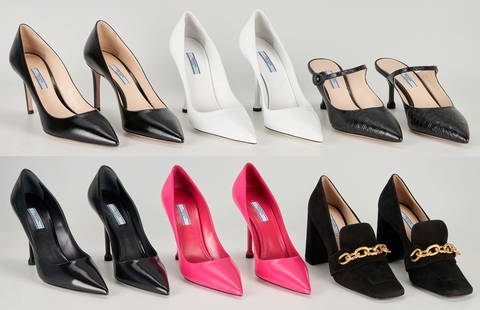 6 Pairs of Prada Pumps: Six (6) pairs of Prada pumps including: one (1) pair of Calzature Donna black textured Saffiano leather pointed toe pumps, size 39.5; one (1) pair of Calzature Donna white smooth leather pointed toe p