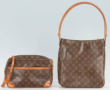 Two Louis Vuitton Handbags, Looping and Trocadero: 1st item: Louis Vuitton "Looping" handbag, exterior in brown LV monogram coated canvas and natural rolled leather handle and brass zipper. Interior with tan lined fabric and natural leather trim and b