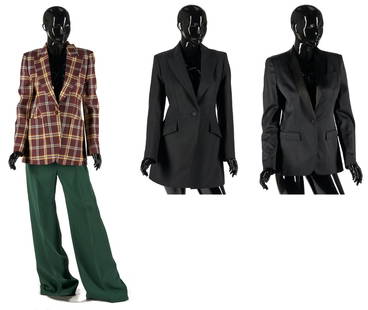 4 Burberry Garments, incl. Blazer & Wool Coat: Four (4) Burberry clothing items, including one (1) dark forest green silk and wool leg ladies' pants, includes attached retail tag; one (1) burgundy check wool blazer with one button closure and larg