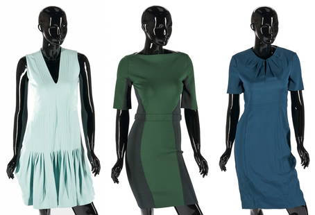 3 Burberry Dresses: Three (3) Burberry dresses, including one (1) green knit dress with back zip closure and faux belted waist, size Medium; one (1) blue-green midi dress with pleated collar, keyhole, and back zip closur