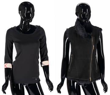 Burberry Shearling Leather Vest & Brit Tee: Two (2) Burberry clothing items including one (1) black shearling leather vest with fur collar and interior and gold-toned zip closures, includes attached retail tag, size 8 or Italian 42; and one (1)