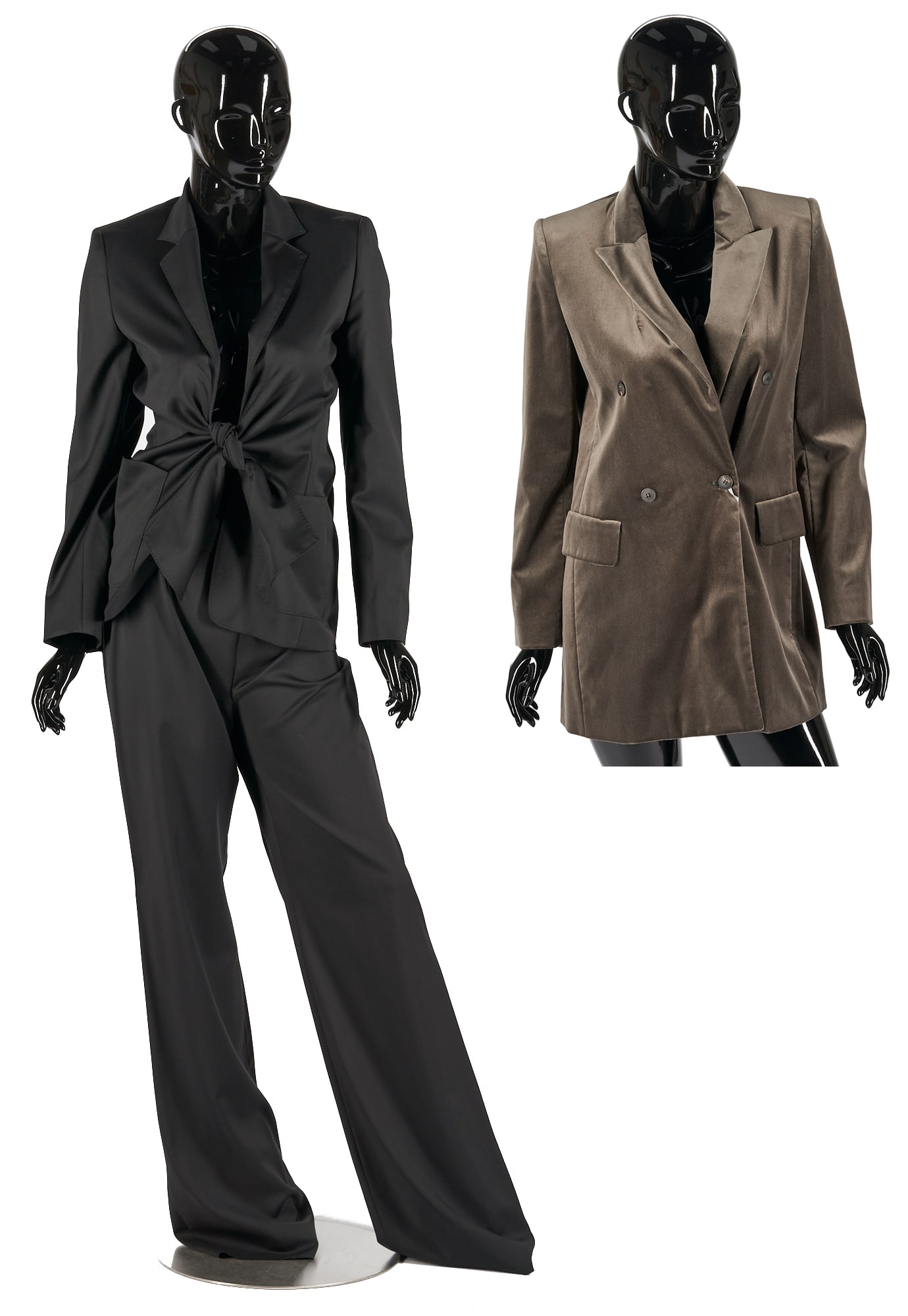 3 Max Mara Garments, Jackets & Slacks 1 of 2: Grouping of three (3) Max Mara garments, including one (1) velvet Brera ladies jacket in grey, size 8; and a black wool suit set with one (1) side tie jacket and one (1) pair matching slacks, size 10.