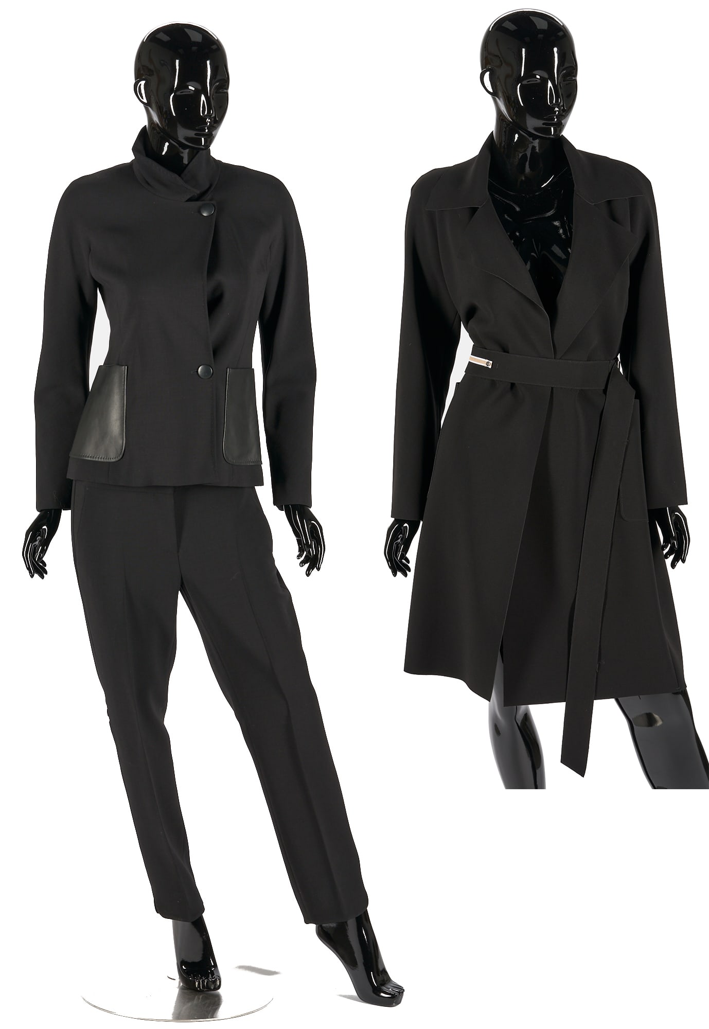 3 Max Mara Garments, Jackets & Slacks 2 of 2: Three (3) Max Mara garments, including one (1) Agreste black wool jacket with leather accents, size 6; one (1) black acetate/polyester overcoat, size 8; and one (1) black wool slacks, size 10. All ite