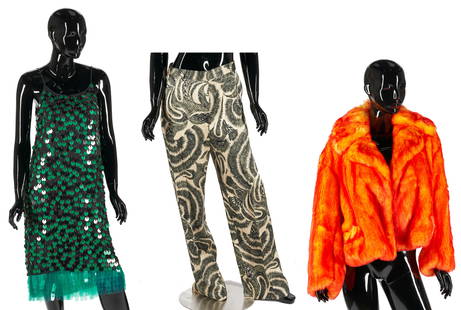 3 Dries Van Noten Garments, incl. Orange Faux Fur Coat: Three (3) Dries Van Noten ladies' clothing items, including one (1) orange-yellow faux fur coat with pockets, size Medium; one (1) green and black Darius sequin and fringe slip dress, size European 34