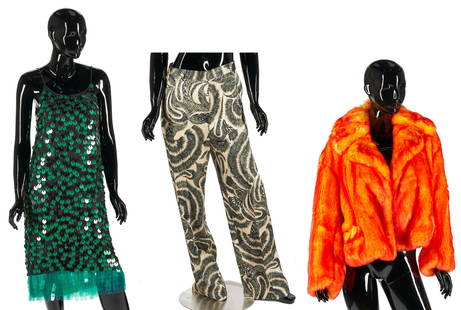 3 Dries Van Noten Garments, incl. Orange Faux Fur Coat: Three (3) Dries Van Noten ladies' clothing items, including one (1) orange-yellow faux fur coat with pockets, size Medium; one (1) green and black Darius sequin and fringe slip dress, size European