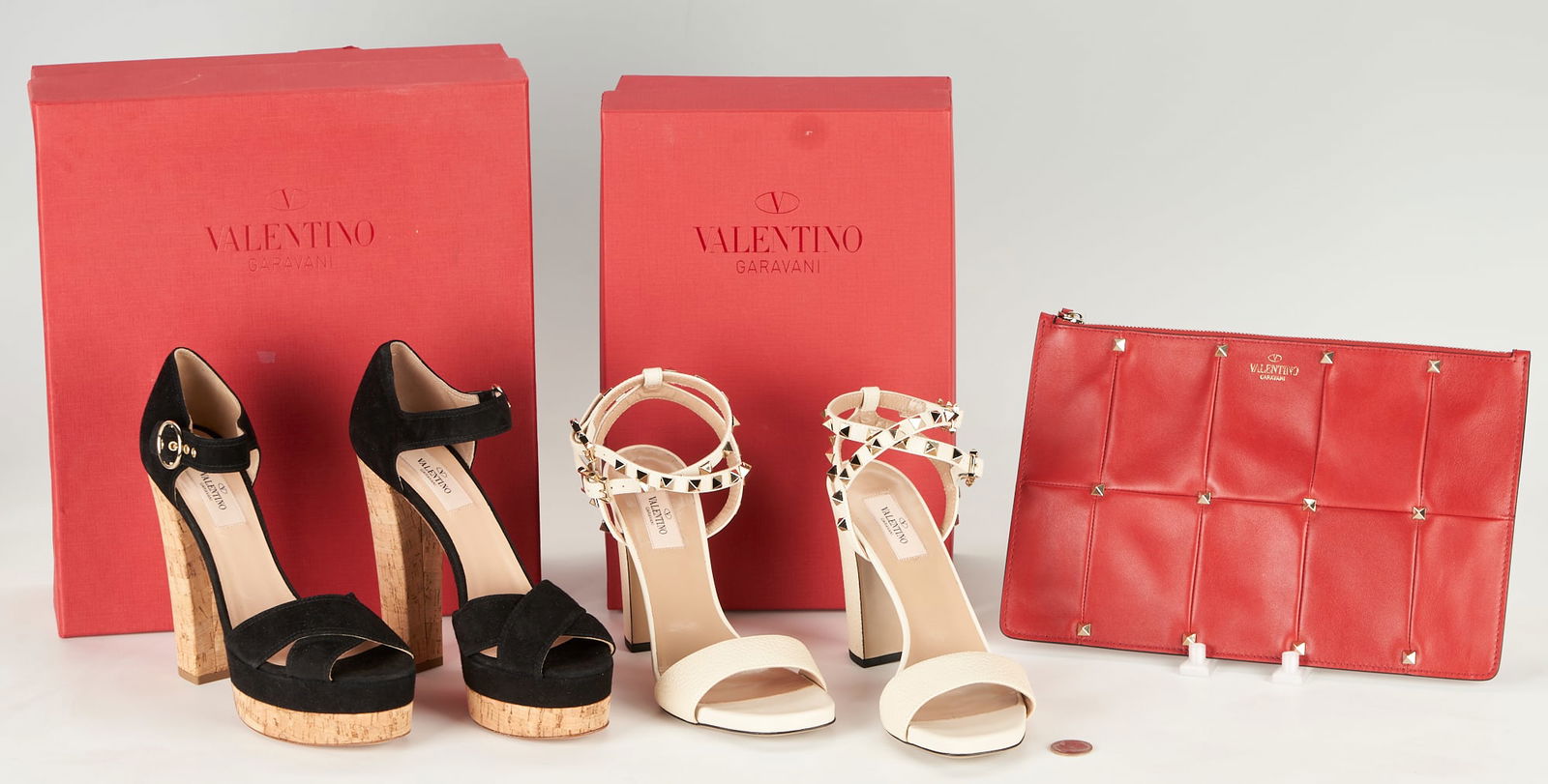3 Valentino Garavani Items, Sandals & Wristlet: 1st item: Pair of Valentino Garavani leather platform sandals, bone color with "rockstud" detail to heels and ankle straps, size 9 (39). Retains the original box and dust covers. 2nd item: Pair of Val