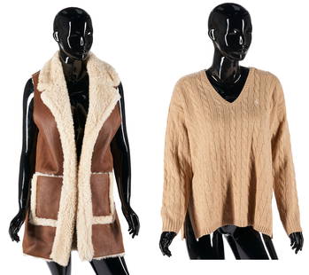 2 Ralph Lauren Ladies' Garments, incl. Wool Sweater: Two (2) Ralph Lauren ladies clothing items, including one (1) camel wool blend relaxed fit V-neck sweater with horseman logo and side vents and one (1) suede and shearling reversible long vest. Both