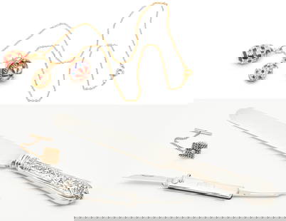2 Tiffany & Co Knives & 14K Tie Tack + 3 Faberge Style Egg Charms: 1st item: Sterling silver butter knife by Tiffany and Company. The knife is marked "M Tiffany & Co Sterling Pat 1678" and monogramed "M". The knife XRF tests sterling silver and is 7 1/2" L. Weight of