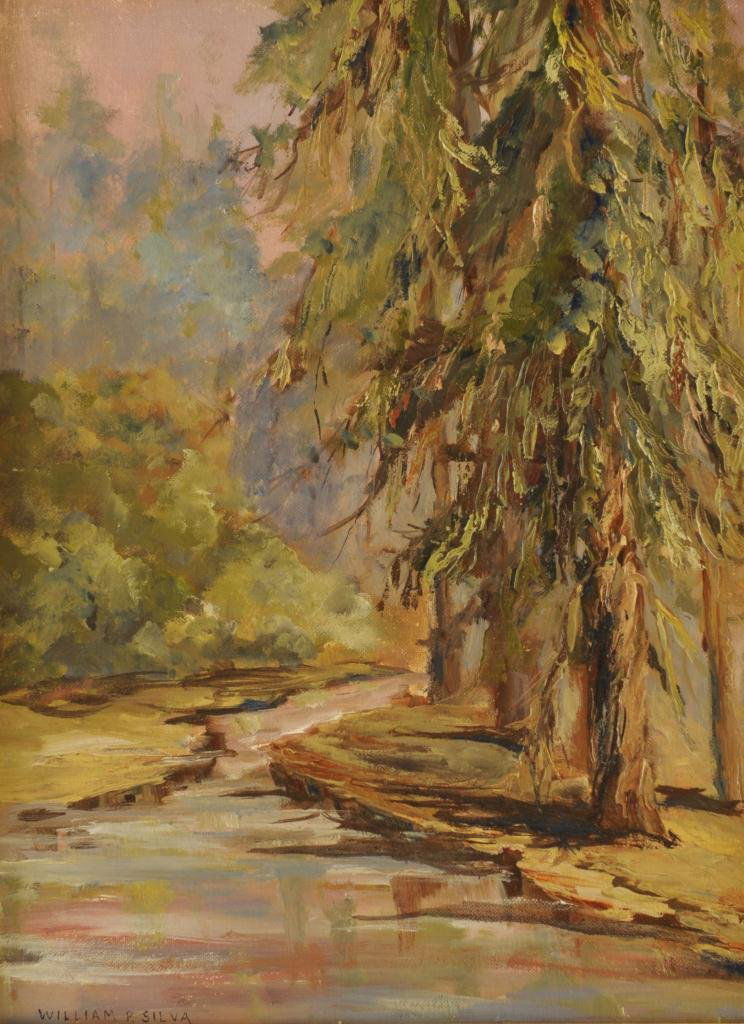 William Posey Silva, Southern landscape, pine tree: William Posey Silva (Georgia/Tennessee, 1859-1948) oil on board impressionist landscape of a Southern pine forest, signed lower left "William P. Silva." New, early 20th century style giltwood frame wi