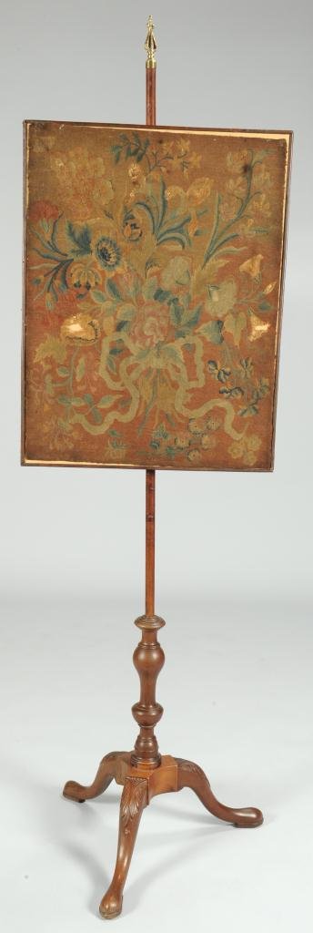 Pole Screen, needlework signed and dated 1762: George III firescreen or pole screen with original signed and dated wool needlework on linen canvas. The petit point embroidered picture of a bouquet is worked in pink, green, blue and gold colors aga