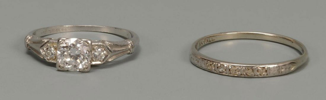 Ladies Platinum and Diamond Ring w/ Band: Lady's platinum diamond wedding set containing one engagement ring, size 5 1/4, containing one European cut diamond weighing approximately .70 carat, approximately VS2-SI1 clarity and G-H color, with