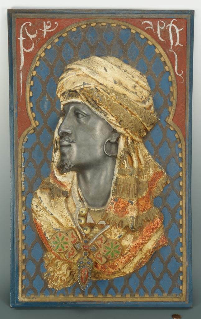 Cold Painted Bronze Arabian Plaque Attrib. Waagen: Cold painted bronze or cast metal plaque attributed to Arthur Waagen (German, 1833 - 1898) depicting an Arab or Algerian man against a mosque window backdrop. Plaque retains much of the original brigh