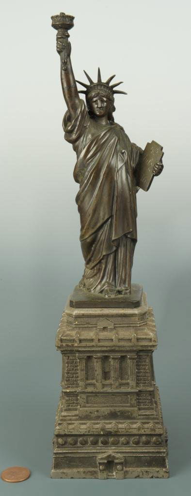 Statue of Liberty Committee Model, circa 1885: Statue of Liberty Committee Model (after Frederic Auguste Bartholdi, French, 1834-1904), bronzed lady liberty figure on a white metal base (made in two pieces). Marked on underside of liberty figure: