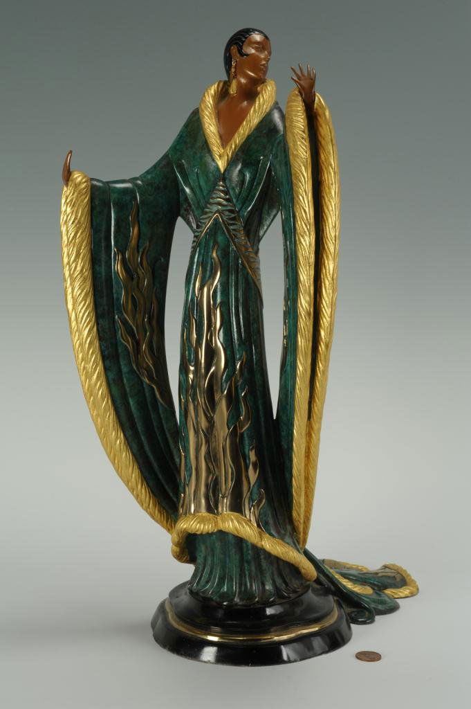 Original Erte Bronze, Femme De Luxe: Romain Erte, (Russian, 1892-1990) Bronze sculpture, "Femme de Luxe", woman in Art Deco style emerald green robe with gilded edges, based on a gouache created by Erte in 1916 for Harper's Bazaar. Stamp