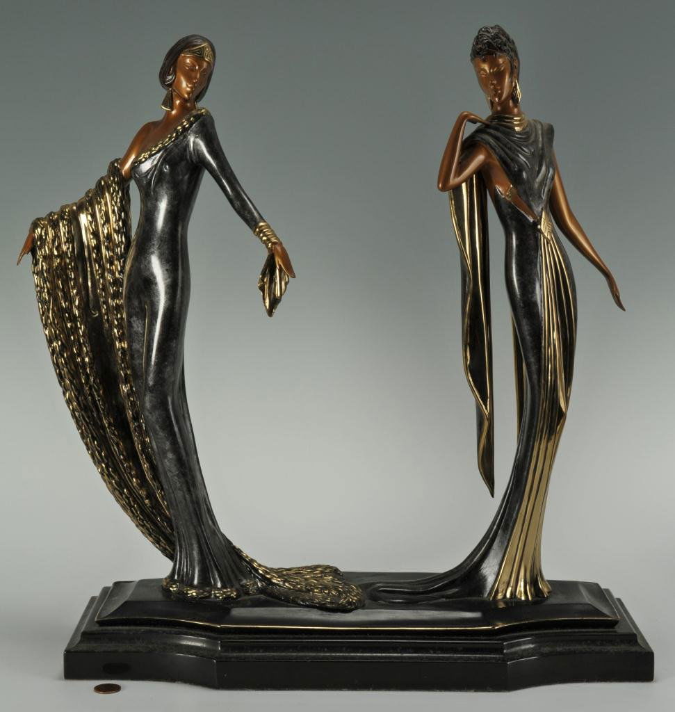 Original Erte Bronze, Duetto: Romain Erte, (Russian, 1892-1990) Bronze sculpture of two women in Art Deco style clothing, "Duetto", signature inscribed on base. Stamped 445/500,1989 Sevenarts Ltd. London. 19"H x 18" W x 7"D. Prove