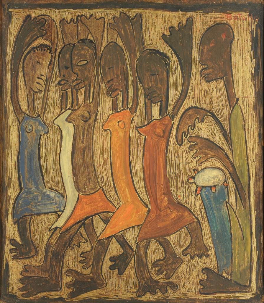Angel Botello Oil on Board, Dancing Women: Angel Botello (Puerto Rico, 1913-1986) oil on board painting, depicting Haitian women dancing with a man playing a drum. Signed upper right "Botello" in red. Housed in the original carved and gilt woo