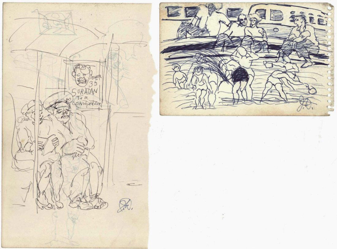 2 Joseph Delaney Ink Drawings: Two Joseph Delaney (Tennessee/New York, 1904-1991) ink drawings, one depicting the interior of a subway car with a seated couple and an amusing constipation ad above (8 1/4" H x 5" W), signed "J. D."