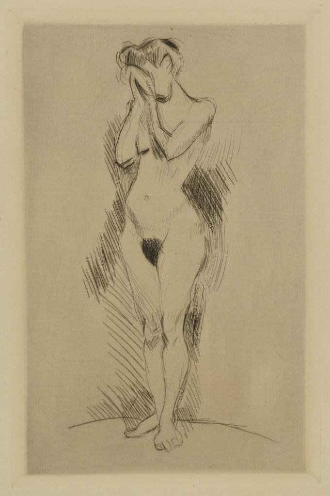 Signed Henri Matisse Nude Etching, The Weeper: Henri Matisse (French, 1869-1954) etching and drypoint, "The Weeper (La Pleureuse)". Black ink signed, lower left sheet margin, "Henri Matisse 10/30", van Gelder watermarked paper. 5 7/8" x 3 13/16" p