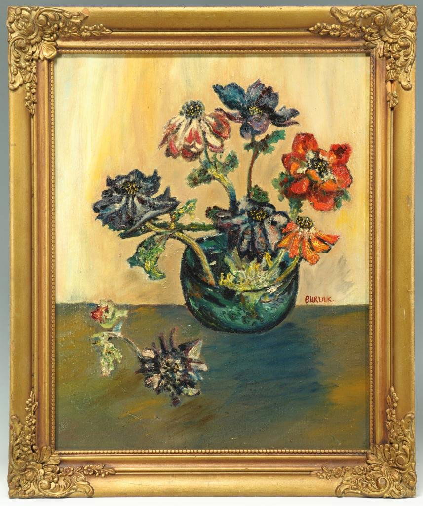 David Burliuk o/c still life with postcard: David Davidovich Burliuk (Russian/American, 1882-1967) oil on canvas still life of blue and red flowers in a glass bowl; one branch lays beside the bowl. Signed at right "Burliuk". Molded giltwood fra