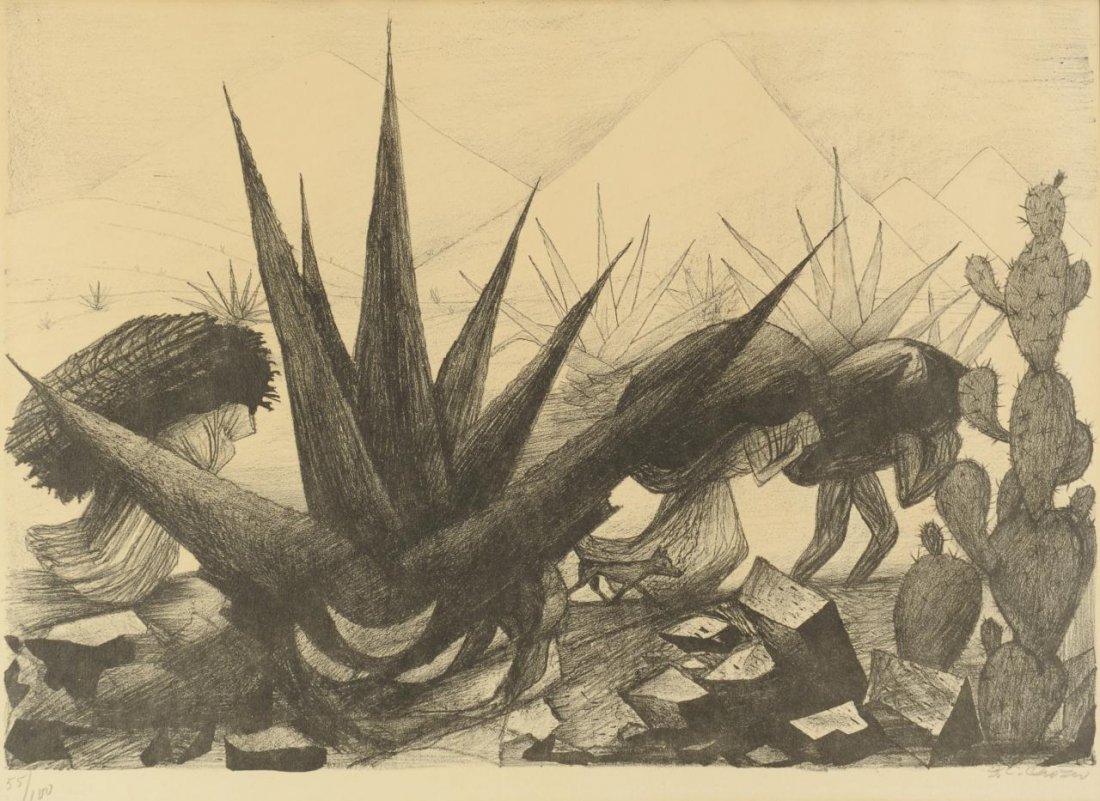 Jose Clemente Orozco Lithograph: Jose Clemente Orozco (Mexican, 1883 - 1949) lithograph titled "Magueyes y Nopales" depicting figures carrying bundles on their backs with cacti in the foreground. Pencil signed lower right and numbere