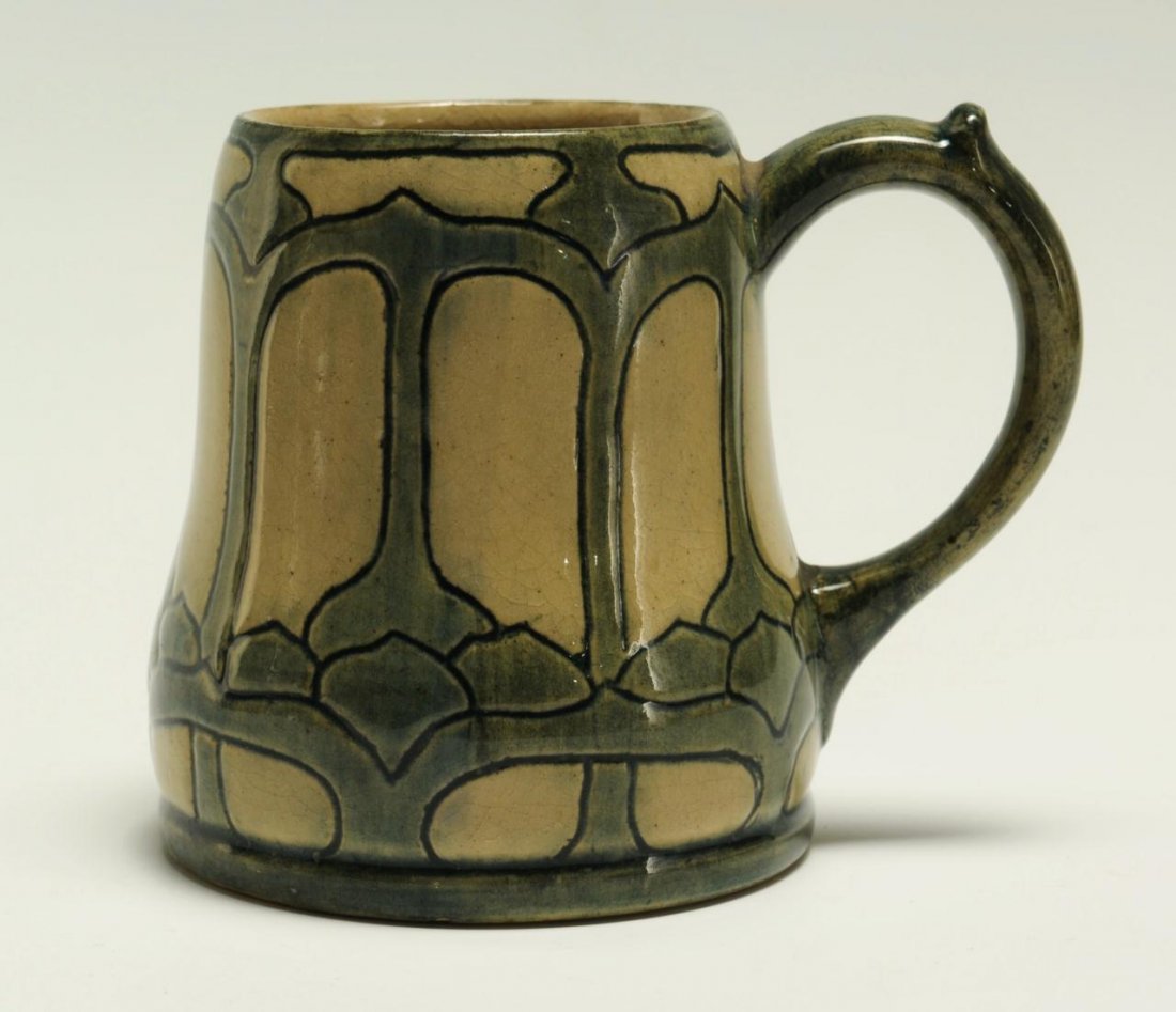 Newcomb College Art Pottery Mug, High Glaze: A Newcomb College Art Pottery High Glaze Mug, decorated in an abstract Art Nouveau style, underside marked with initials S.B.L. (Sara Bloom Levy) and the Newcomb College cipher, Joseph Meyer's potter'