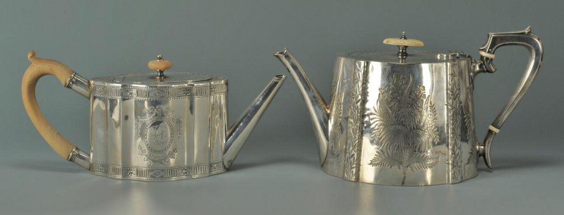 Two 19th c English Teapots, Sterling and Old Sheffield: Two 19th c. English Teapots. 1st item: George III Sterling silver Teapot with wooden button finial and wooden c-scroll handle. Bright cut decoration on lid, top, front and back. 5" high (including han
