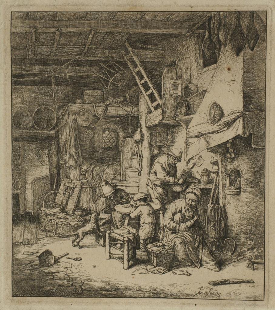 Adriaen Van Ostade etching, The Family, 1647: Adrian Jansz Van Ostade, (Dutch, 1610-1685) Etching, "The Family", plate signed and dated 1647 lower right, a very good impression on laid paper with illegible block letter watermark, with large margi