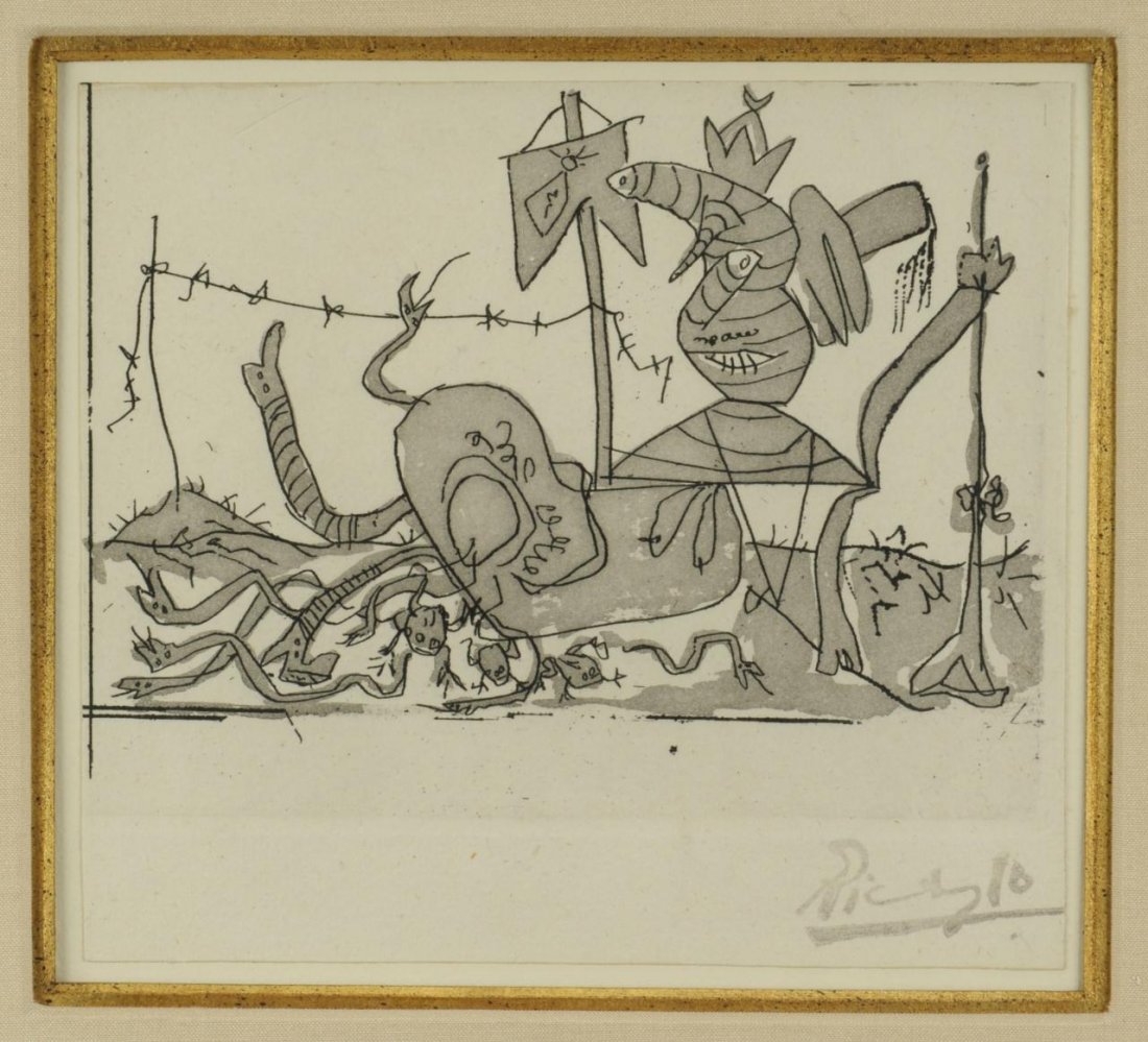 Pablo Picasso etching, Sueno y Mentira de Franco: Pablo Picasso (1881-1973) etching with aquatint on laid paper, final segment of his famous political cartoon Sueno y Mentira de Franco (The Dream and Lie of Franco), 1937. Picasso created the cartoon 
