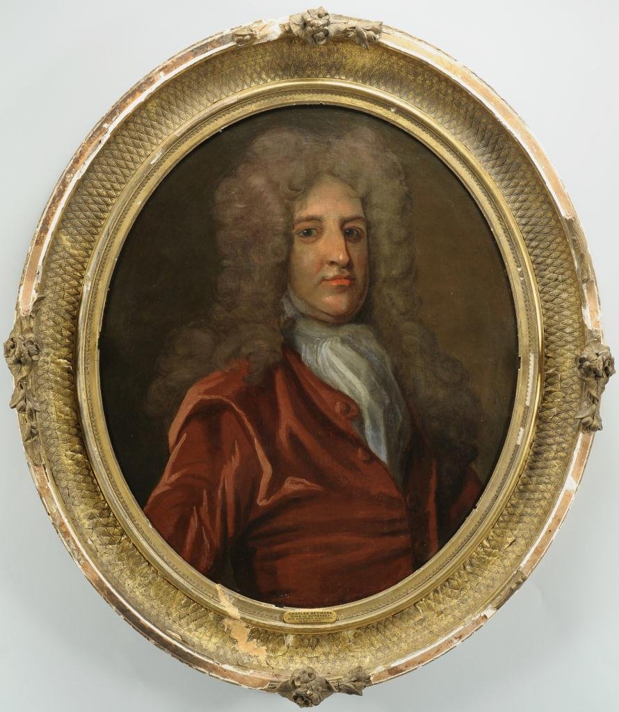 Portrait of Charles Seymour, after Kneller: After Godfrey Kneller (British, 1646-1723) oil on canvas oval half-portrait of Charles Seymour. Brass nameplate attached to rabbet edge of frame reading "Charles Seymore, Duke of Somerset, Sir Godfrey