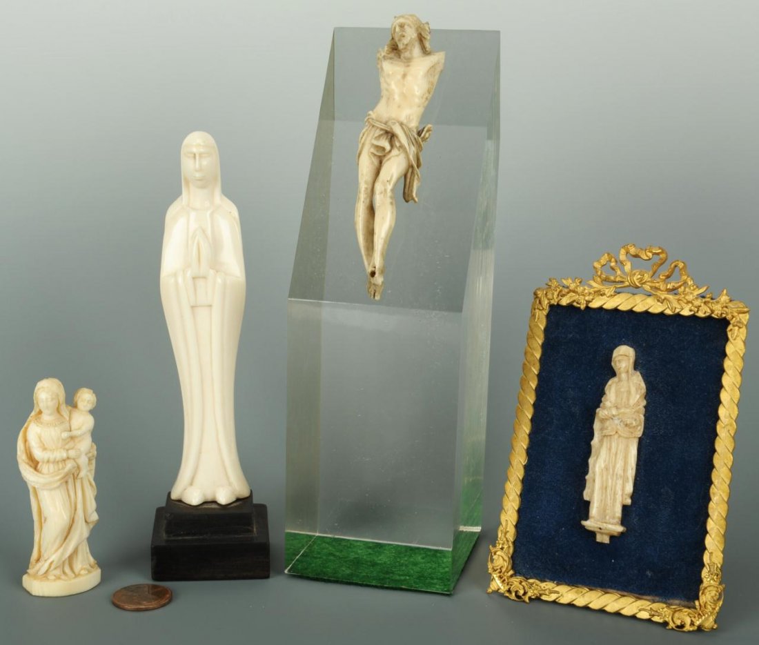 4 Religious Carved Figures, 3 ivory & 1 bone: Four Religious Carved Figures. 1st item: Continental School 19th c. carved ivory body of Christ mounted on acrylic stand. Carving; 3-3/4" H, Stand: 7" H. 2nd item: Continental School 1th c. carved ivo