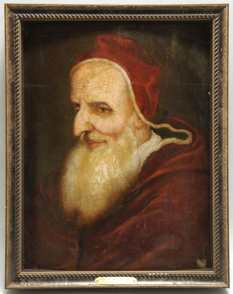 Italian School oil on panel, Pope Pius V, 17th c.: Italian School, Mannerist Style, oil on panel portrait of Pope Pius V (1504-1572), housed in a shadow box frame with a nameplate attributing it to Giorgio Vasari (1511-1574). Panel: 18" H x 13-3/4" W.