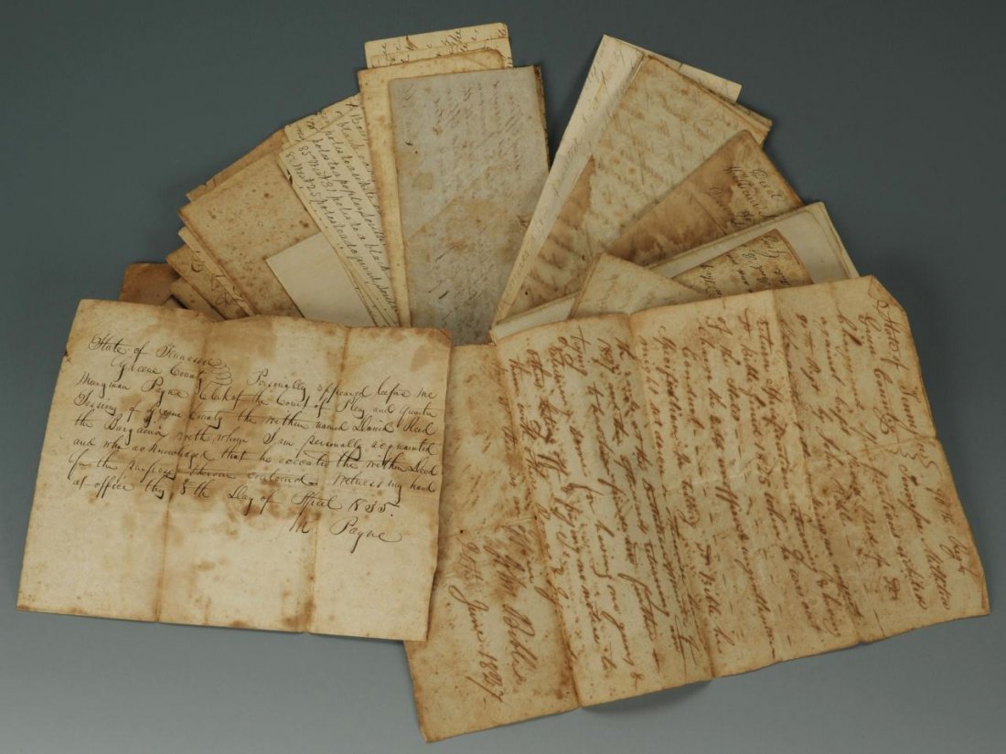 Collection of Early East TN Deeds and Documents: Large collection of 18th and 19th century Greene County land deeds and documents, over 20 including one document dated June 1827 relating to the Greene County 90th Militia Regiment detailing a fine fo