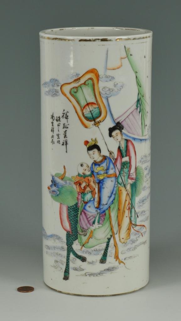 Chinese Republic Period Porcelain Cylinder vase: Chinese Famille Rose vase, cylindrical form with gilt-decorated rim over a painted scene of two adult and a child figure on a dragon. Chinese character marks on face. 11-1/8"H. Late 19th to early 20th
