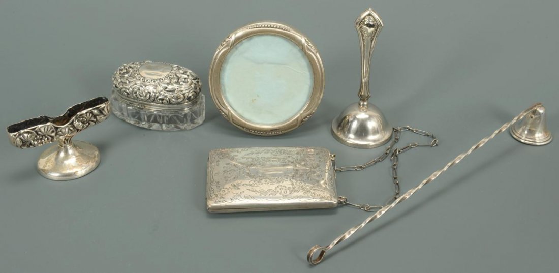 6 sterling silver decorative novelty items: 1st item: A ladies' calling card case or purse with coin slots and chain, engraved floral swag decoration and monogram M or W, marks for Webster Sterling, a few scattered tiny dents, 3-3/8"L. 2nd item
