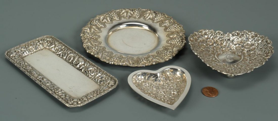 Four Repousse Sterling Table Items incl Stieff: 4 Sterling Silver table items by various makers including Stieff and Dominick & Haff, all with repousse or Baltimore Rose style decoration including 2 small heart-shaped dishes, 1 card tray and 1 roun