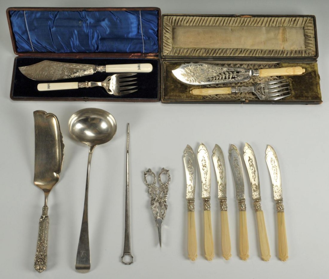 14 pieces Victorian and Edwardian flatware: Fourteen pieces assorted silverplated flatware, most Victorian and Edwardian, including two boxed fish serving knife and fork sets, both with carved bone or ivory handles and elaborately engraved silv