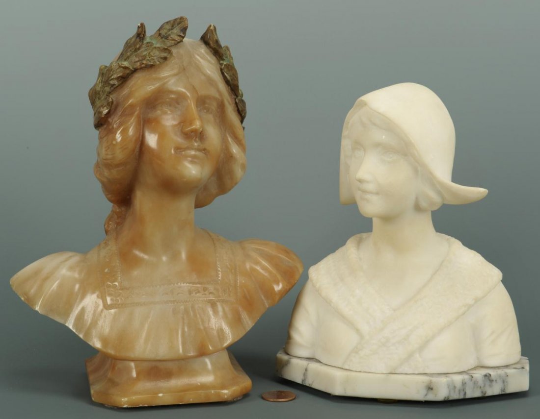 Two Alberto Cambi Italian Alabaster Busts: Two Alberto Cambi (Italian, late 19th to early 20th Century) Alabaster busts. Item 1: Amber alabaster bust of "Saffo" with painted laurel leaves in her hair. 8-1/2" H x 6-3/4" W x 5" D. Item 2: White
