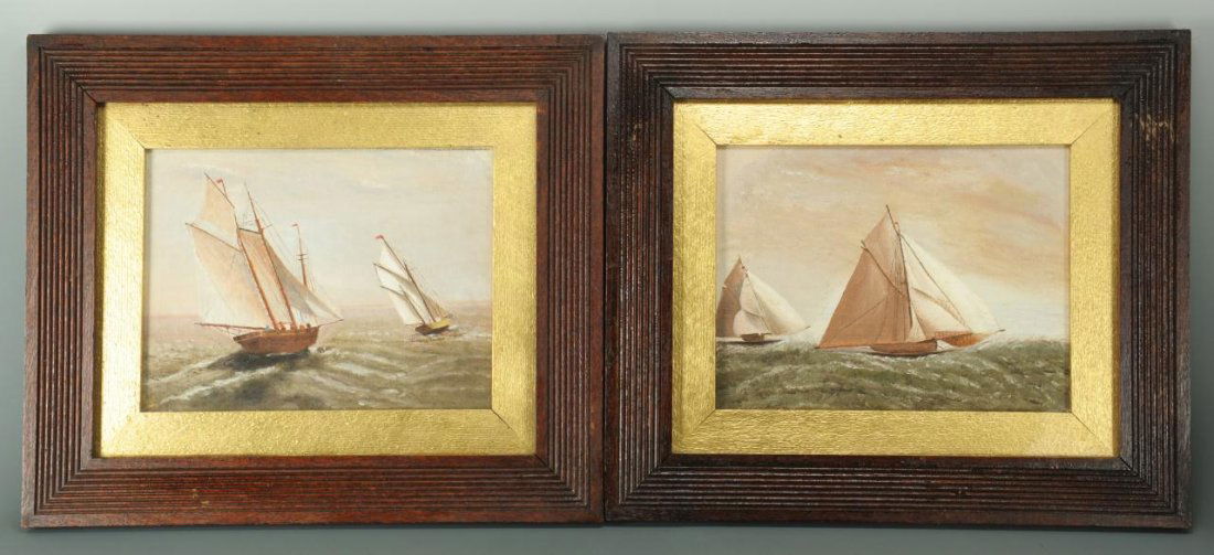 Pair of 19th century maritime paintings: A pair of 19th century nautical paintings depicting ships racing at sea, oil on canvas board, unsigned. Each is housed in a carved dark wood frame with wide gilded rabbet edge. Sight: 7 7/8" H x 10 1/