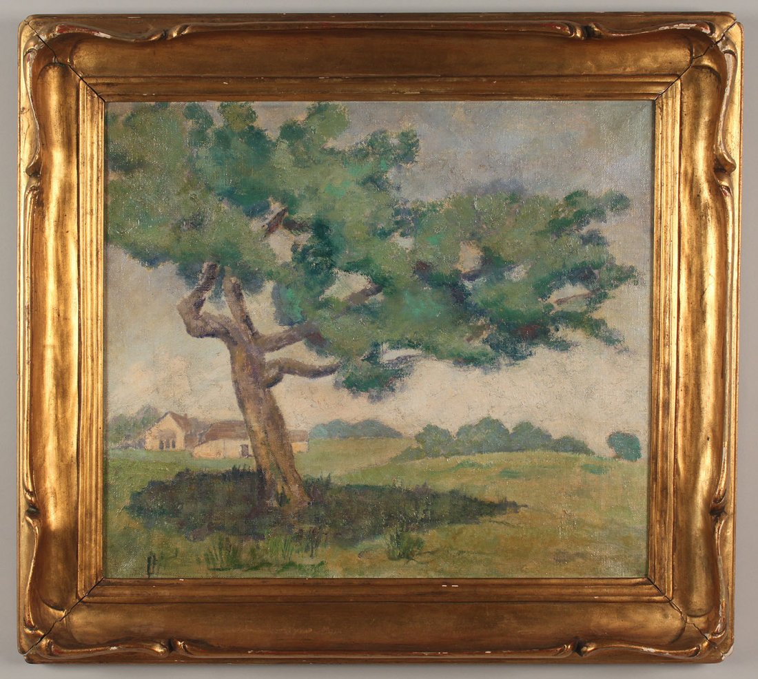 American School Impressionist Landscape: American School Impressionist oil on canvas landscape painting with tree, farm in background. Illegible pencil inscription en verso, He---. Antique giltwood and composition molded frame with swept edg