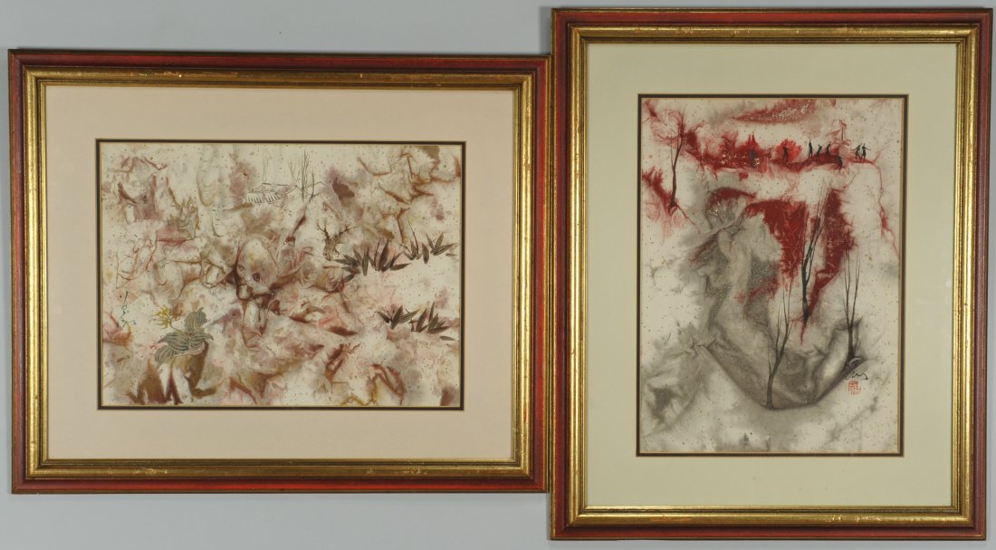Pang Tseng Ying, Pair of Paintings: Pang Tseng Ying (Chinese, 1916-1997), two paintings, gouache and/or watercolor with gilt highlights on paper. One depicts figures in an abstract landscape, the other abstract faces and foliage. Each s