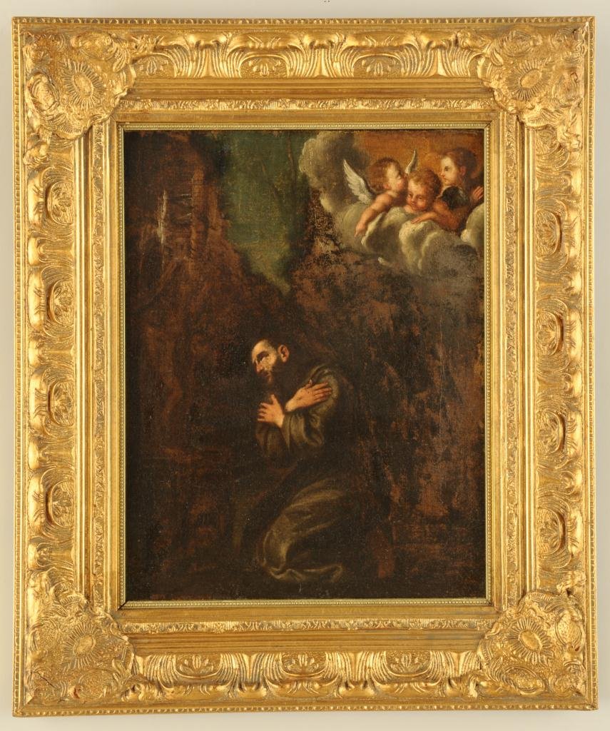 Continental School, St. Jerome Praying: Continental School oil on canvas, St. Jerome praying with cherubs observing in clouds in upper right corner. Sight: 16-7/8 x 12-7/8. Frame: 24-3/4 x 20-3/4. 17th/18th century. Provenance: Estate of Ju